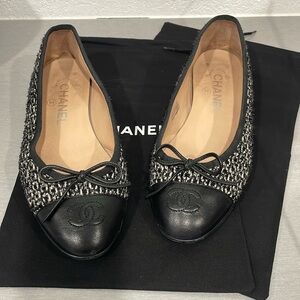 Chanel Black and White Sparkly Tweed Flats